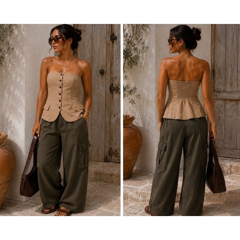 Scandi Utilitarian Bustier Top Womens L Smocked Linen-Blend Brown Euro Summer